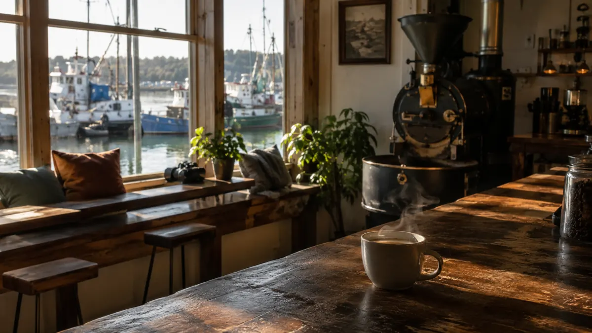 Morning light across the counter, boats outside the window